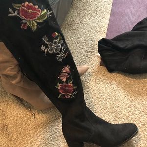 Floral/Black Over Knee Boots